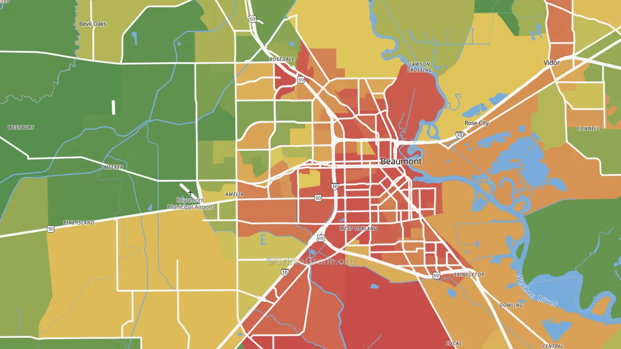 Beaumont, TX Map of Robbery Rates