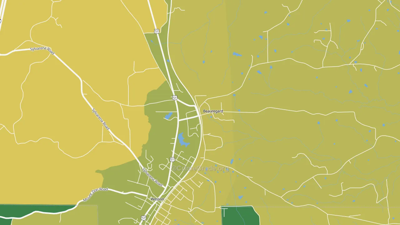 Beauregard, MS Map of Robbery Rates