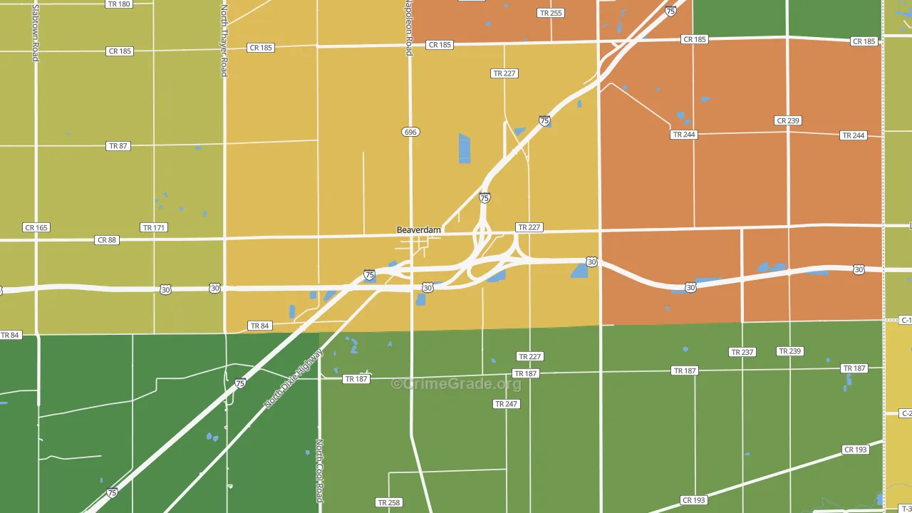 Beaverdam, OH Map of Robbery Rates