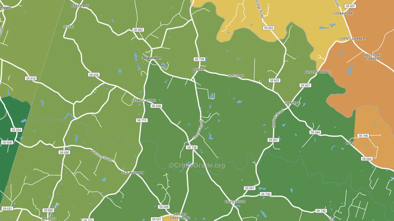 Beaverdam, VA Map of Robbery Rates
