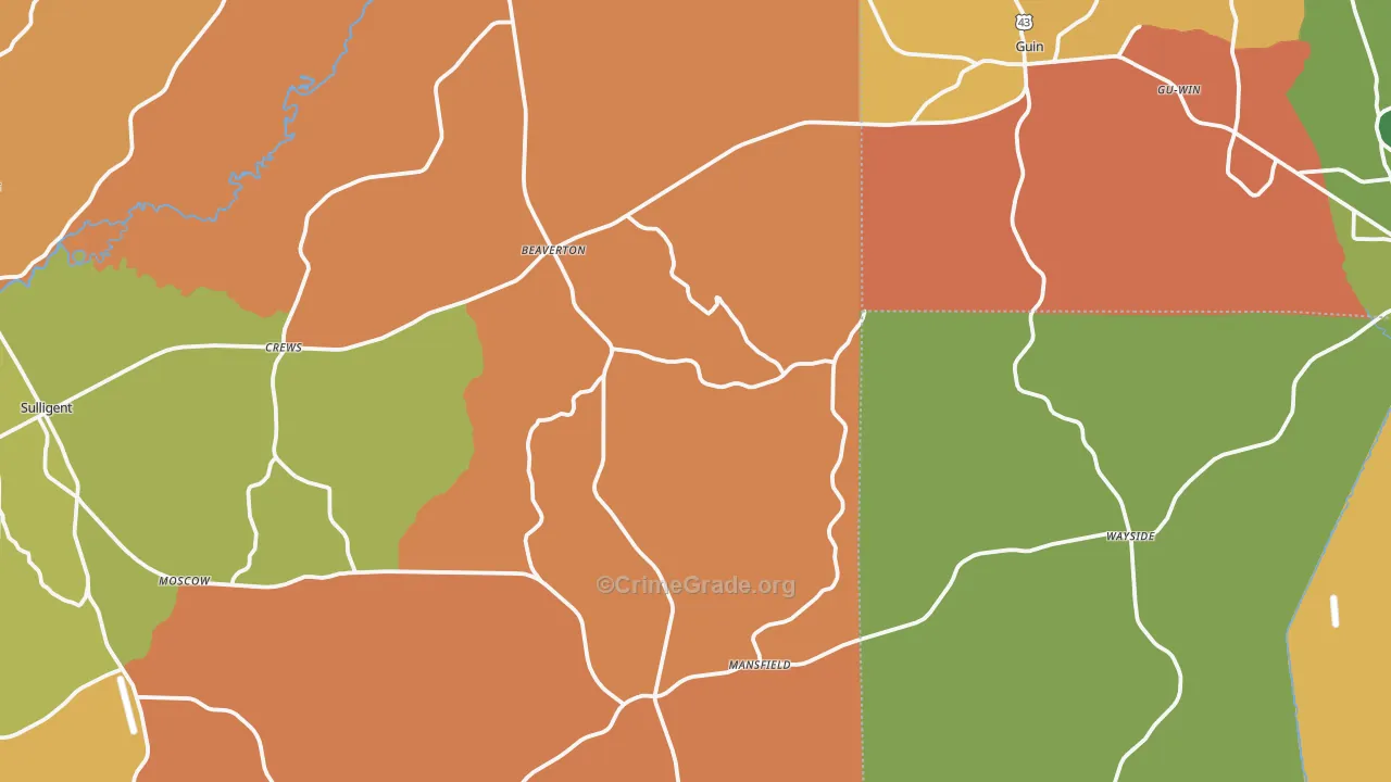Beaverton, AL Map of Robbery Rates