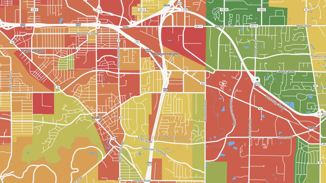 Bedford Heights, OH Map of Robbery Rates