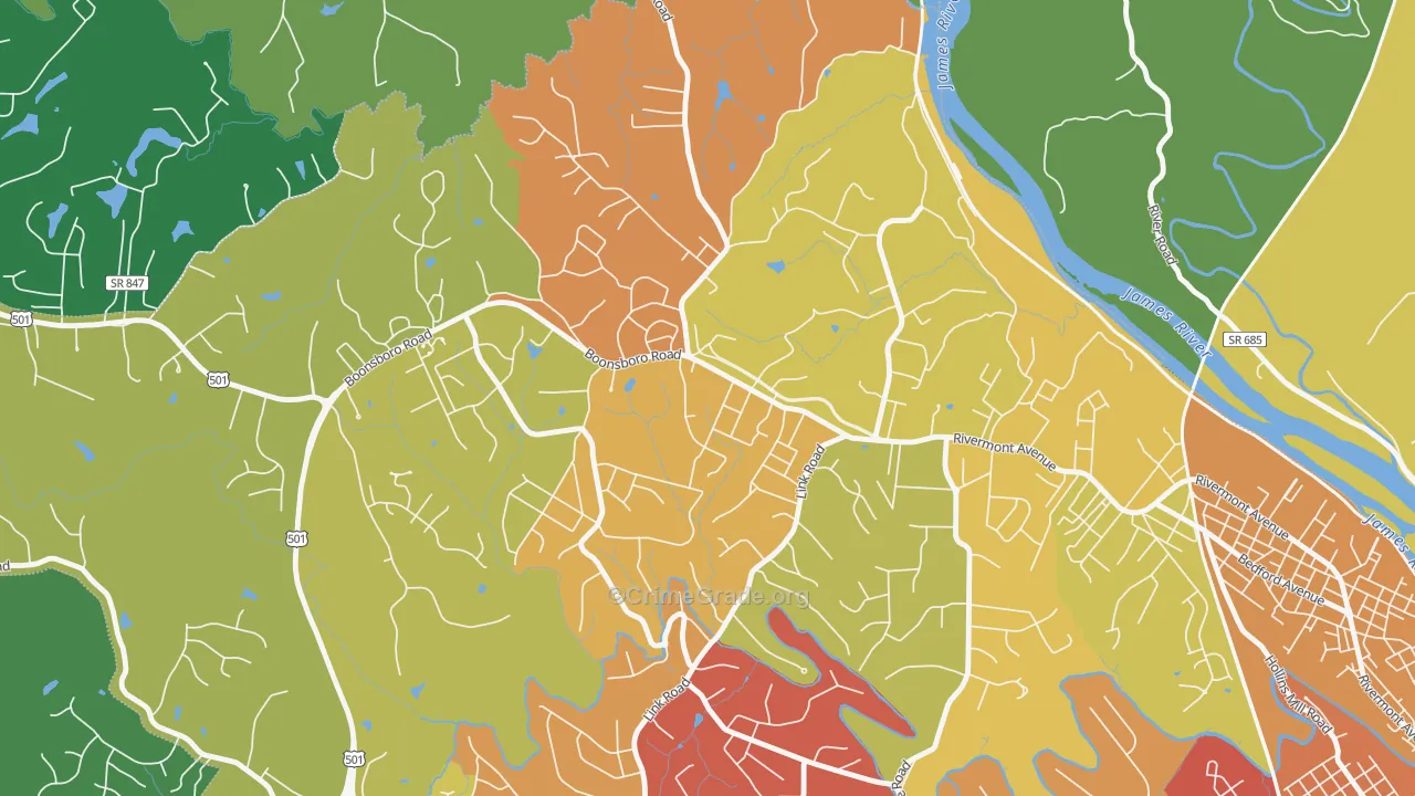 Bedford Hills, Lynchburg, VA Map of Robbery Rates