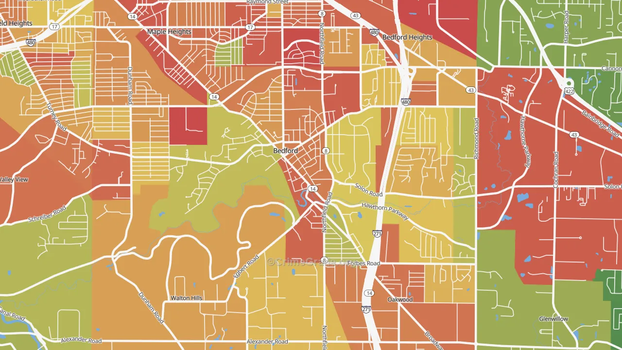 Bedford, OH Map of Robbery Rates