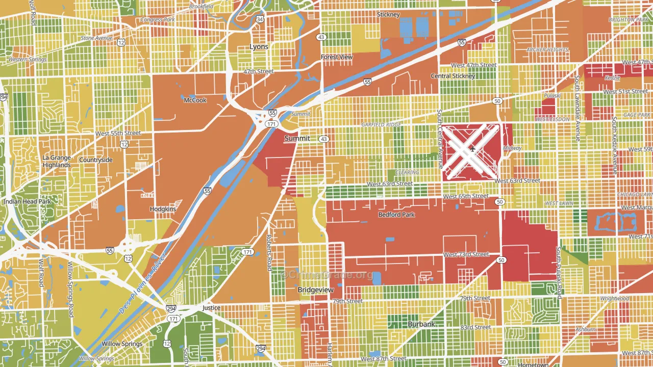Bedford Park, IL Map of Robbery Rates