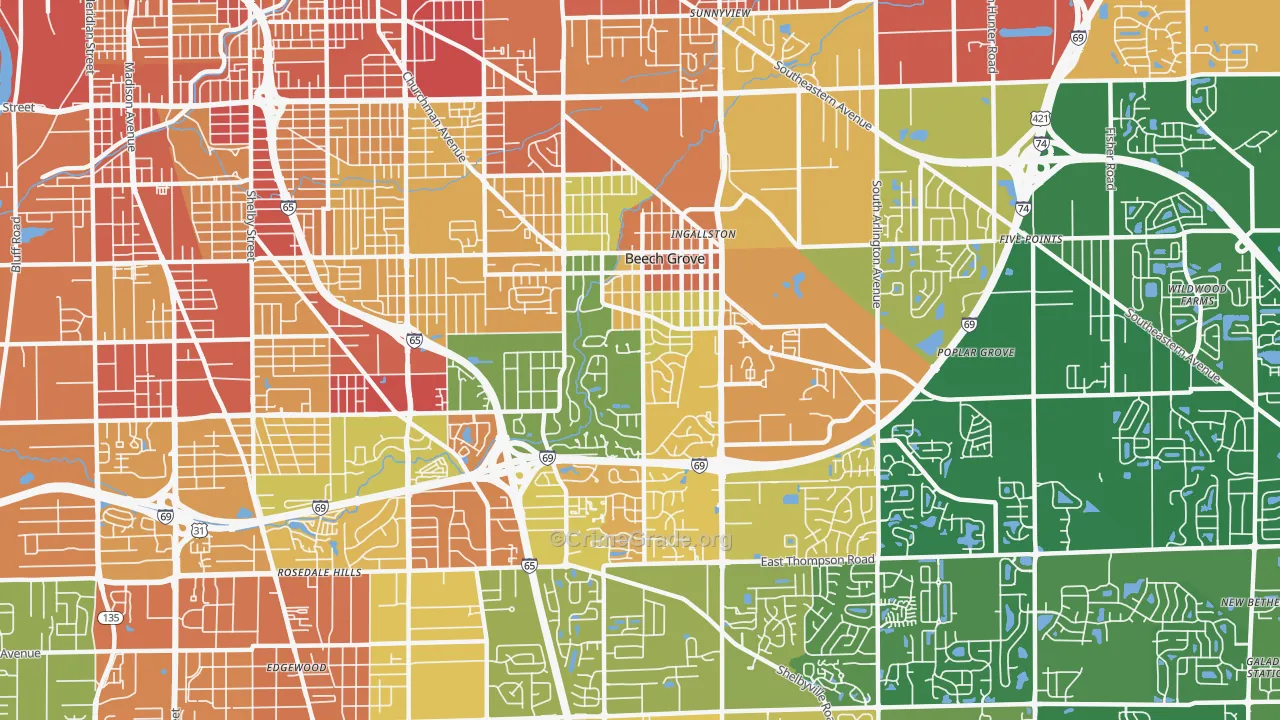 Beech Grove, IN Map of Robbery Rates