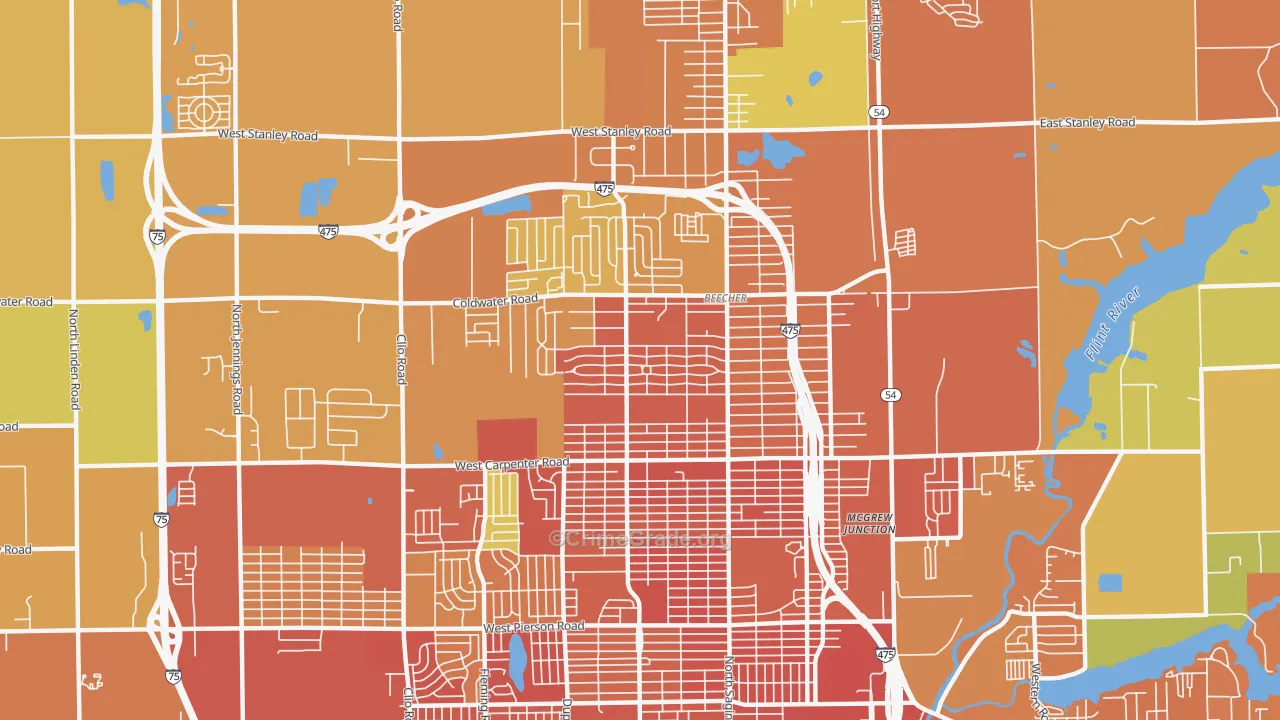 Beecher, MI Map of Robbery Rates