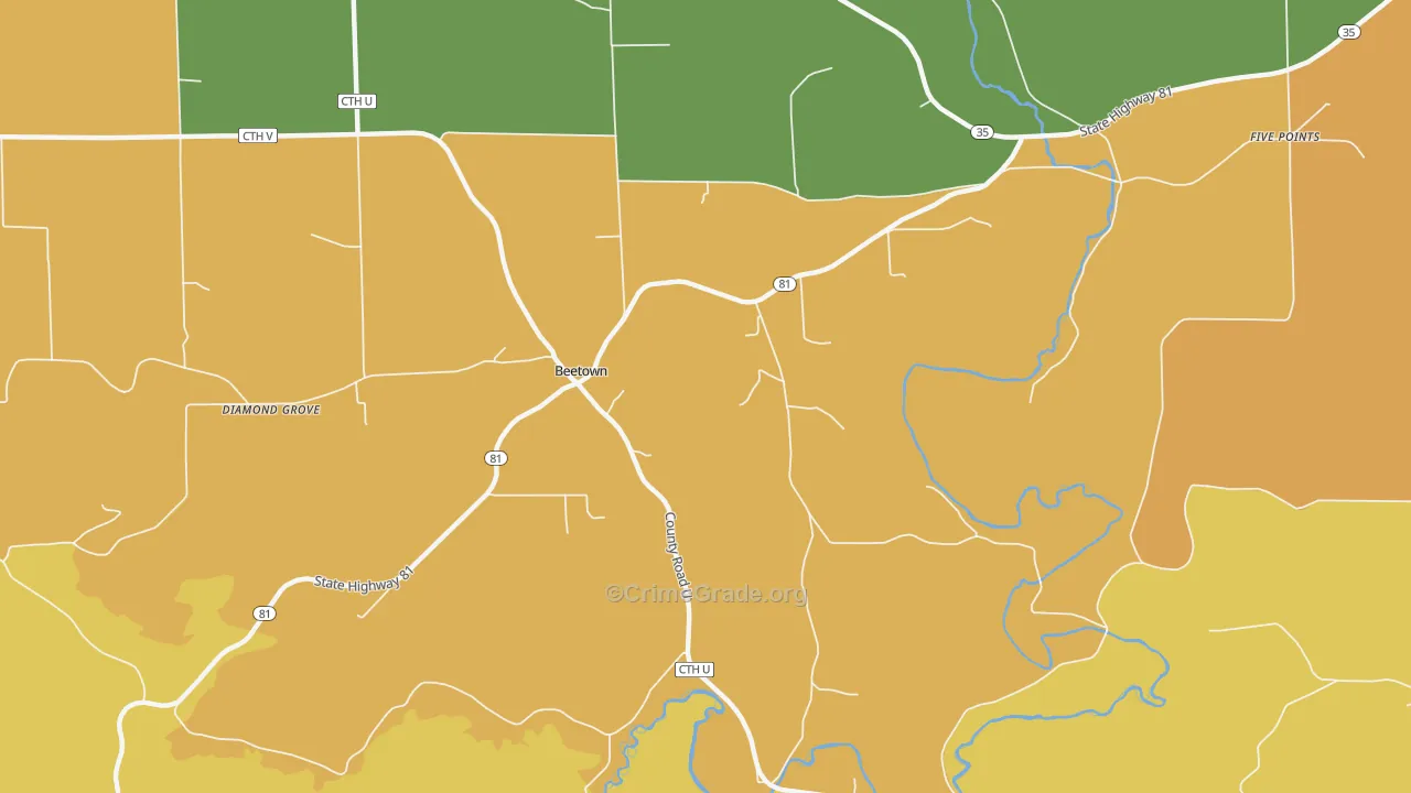 Beetown, WI Map of Robbery Rates