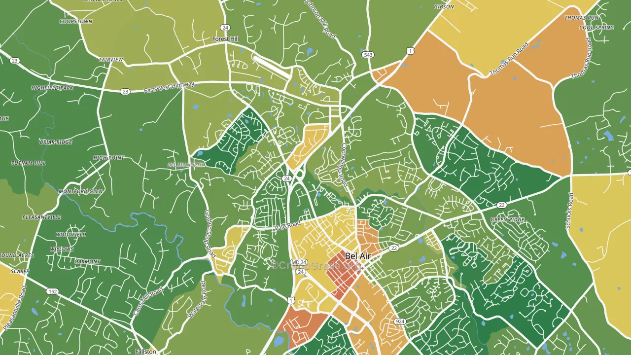Bel Air North, MD Map of Robbery Rates