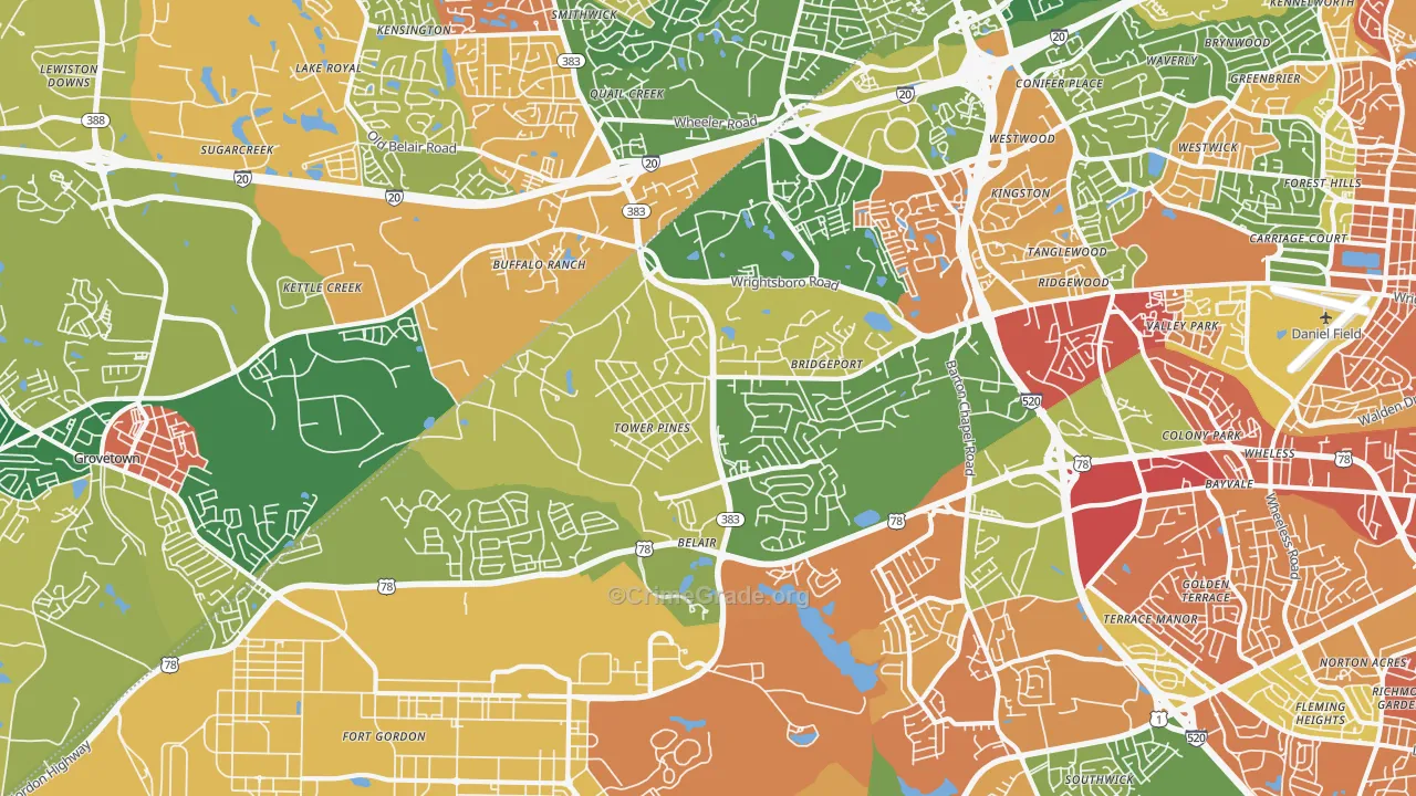 Belair, Augusta, GA Map of Robbery Rates