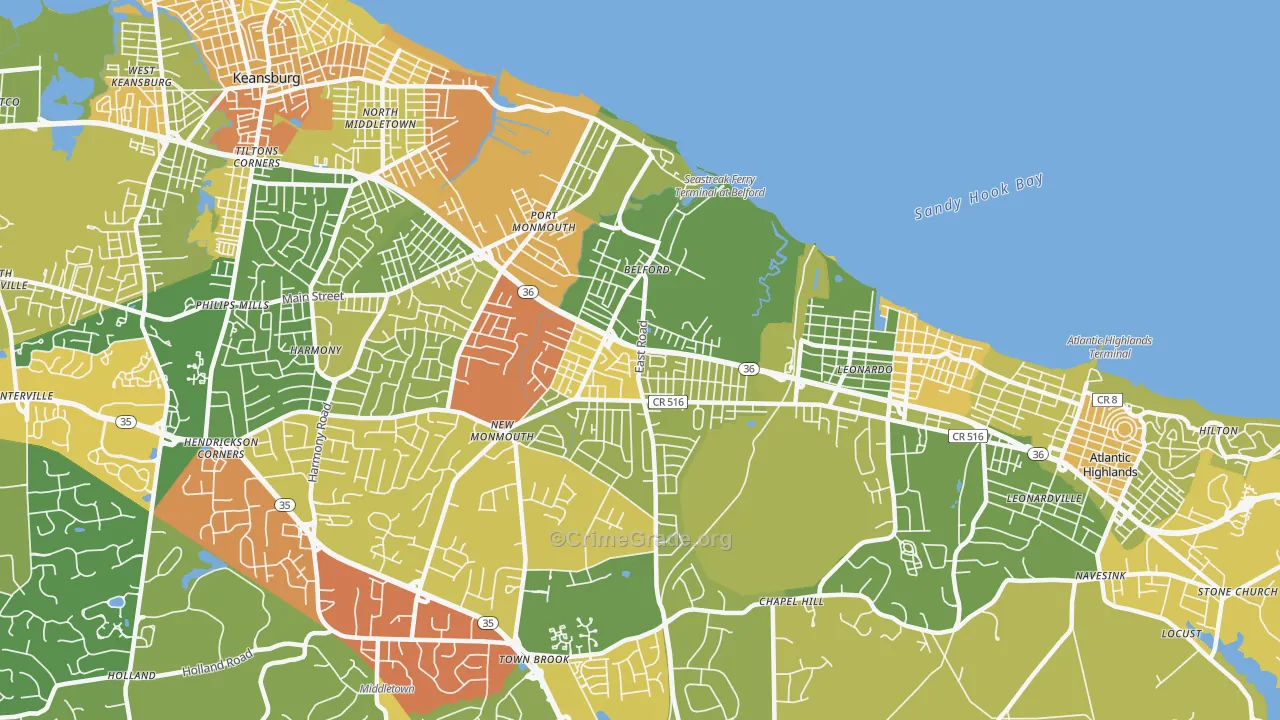 Belford, NJ Map of Robbery Rates