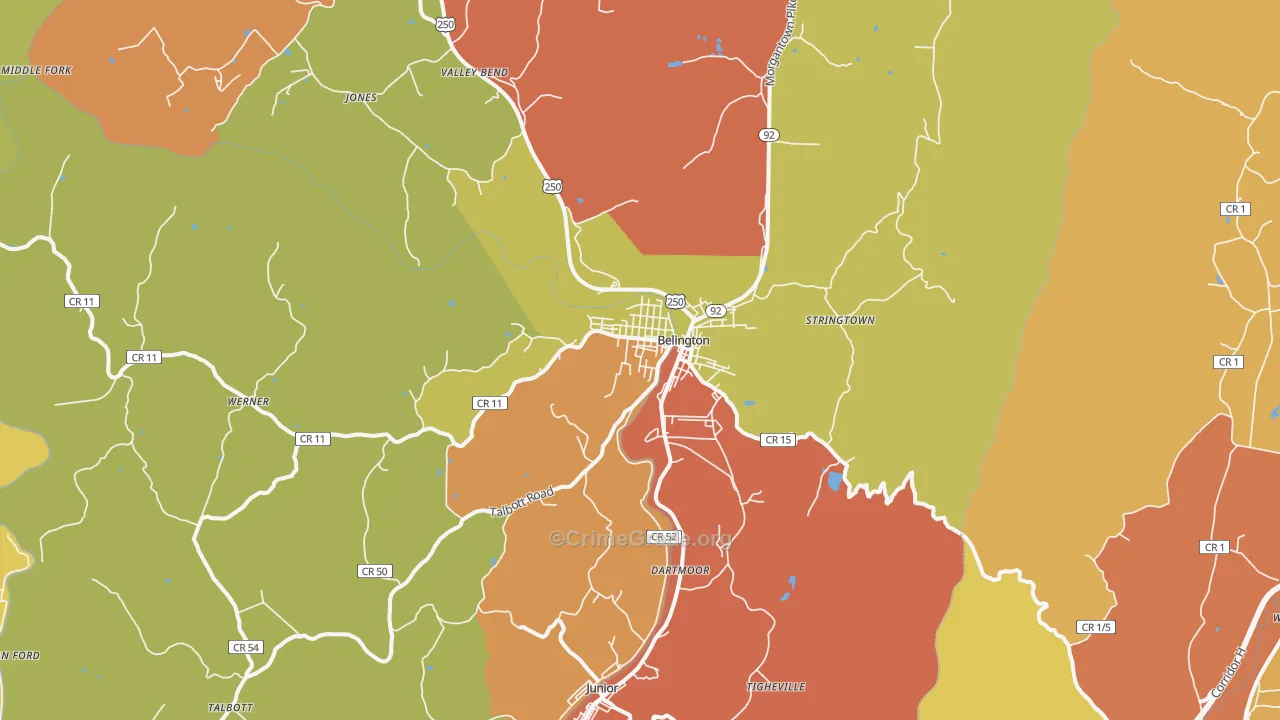 Belington, WV Map of Robbery Rates