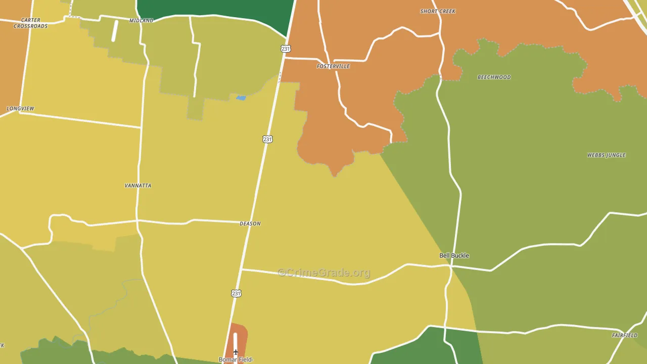 Bell Buckle, TN Map of Robbery Rates