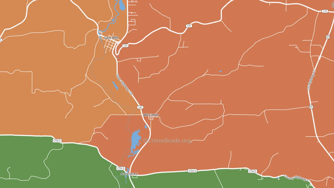 Bell Center, WI Map of Robbery Rates