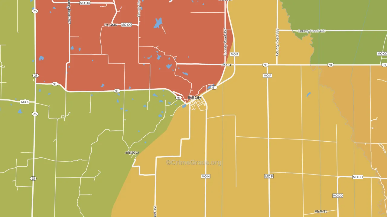 Bell City, MO Map of Robbery Rates