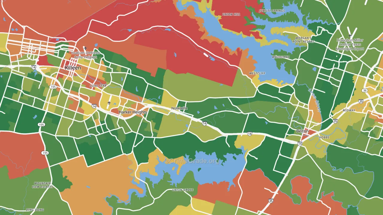 Bell County, TX Map of Robbery Rates