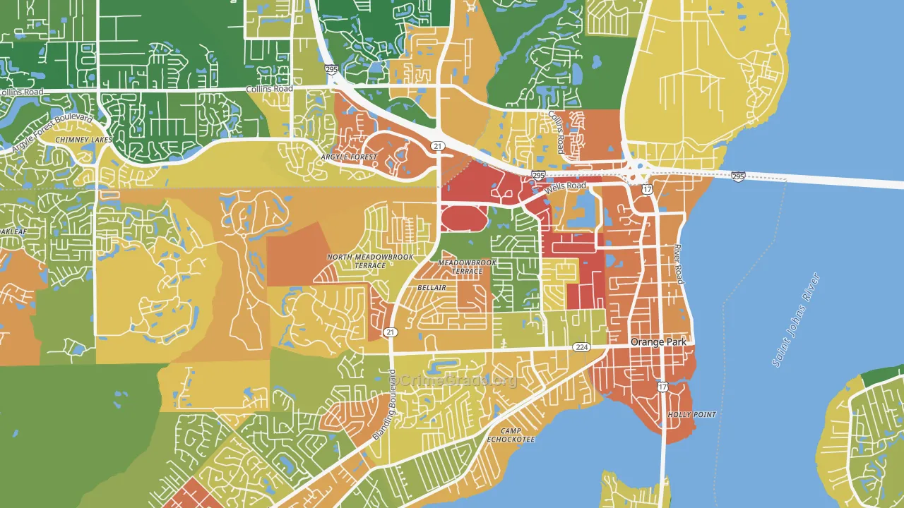 Bellair-Meadowbrook Terrace, FL Map of Robbery Rates