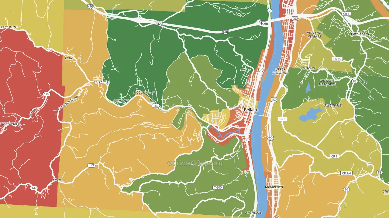 Bellaire, OH Map of Robbery Rates