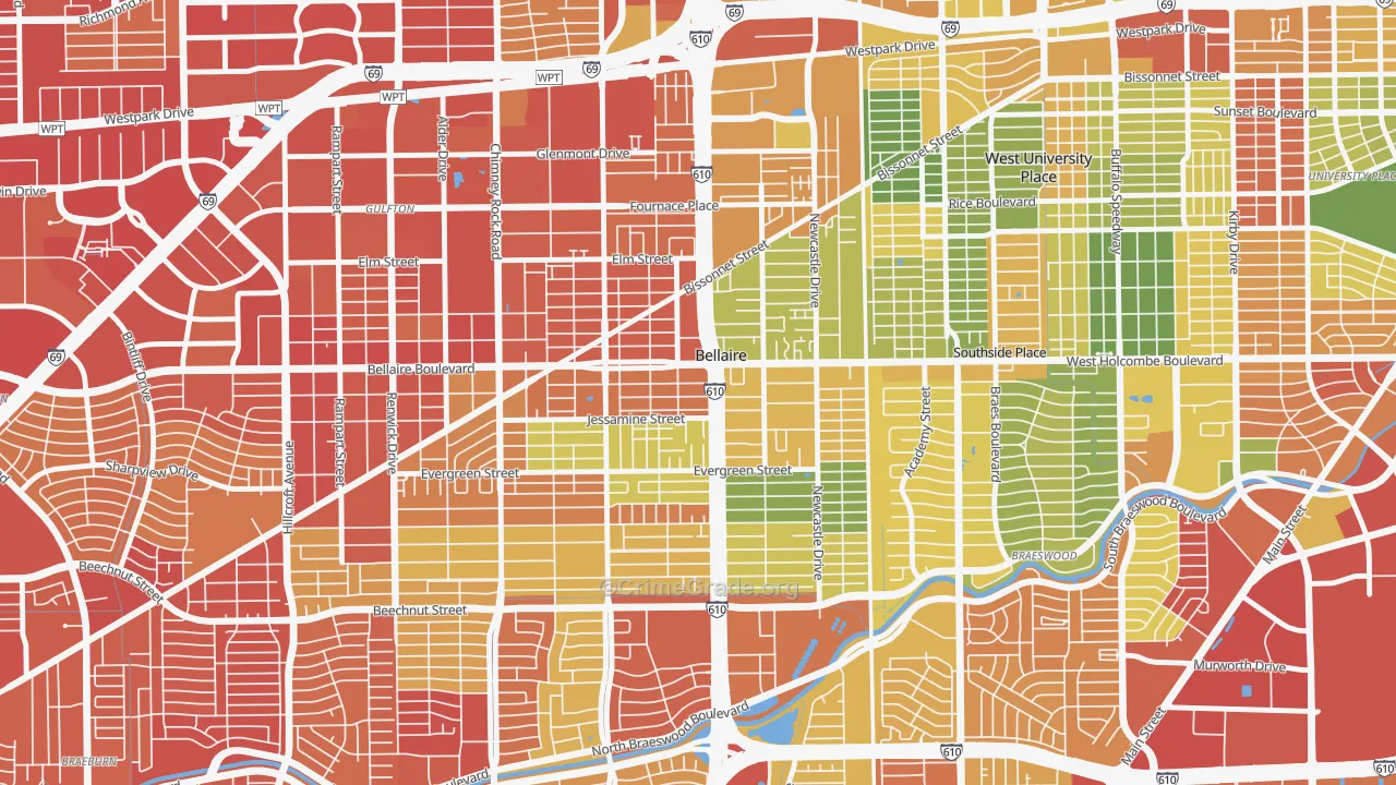 Bellaire, TX Map of Robbery Rates