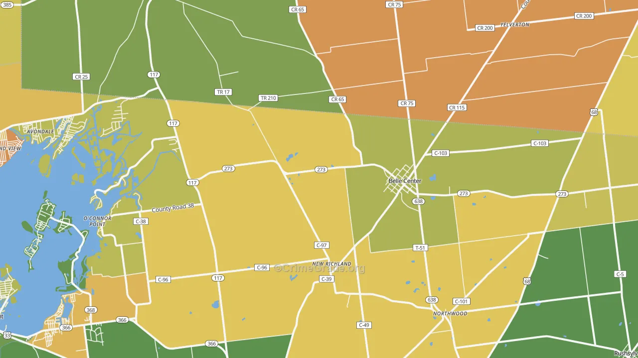 Belle Center, OH Map of Robbery Rates