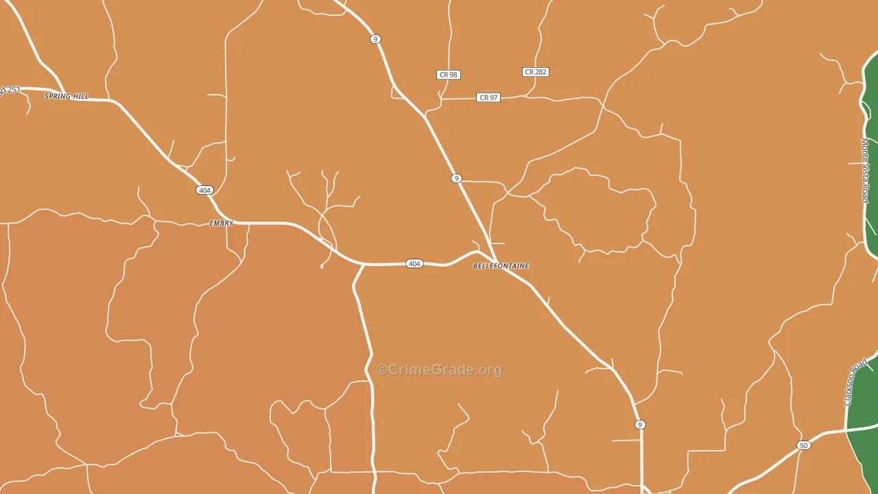 Bellefontaine, MS Map of Robbery Rates