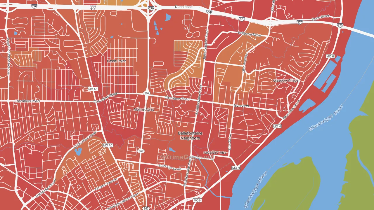 Bellefontaine Neighbors, MO Map of Robbery Rates