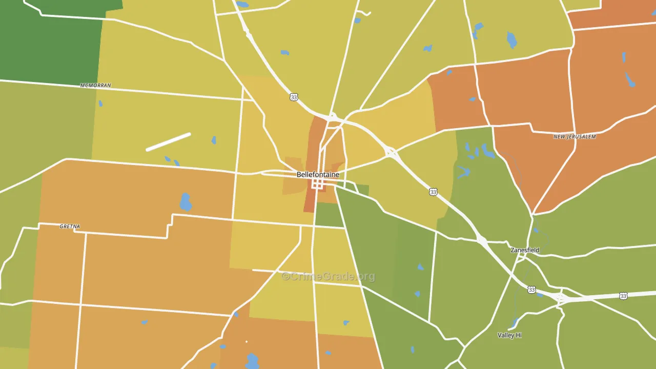 Bellefontaine, OH Map of Robbery Rates