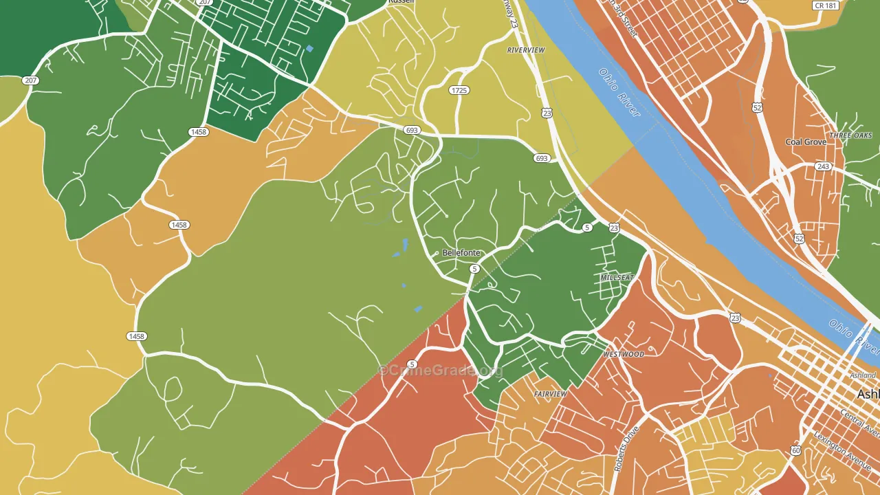 Bellefonte, KY Map of Robbery Rates