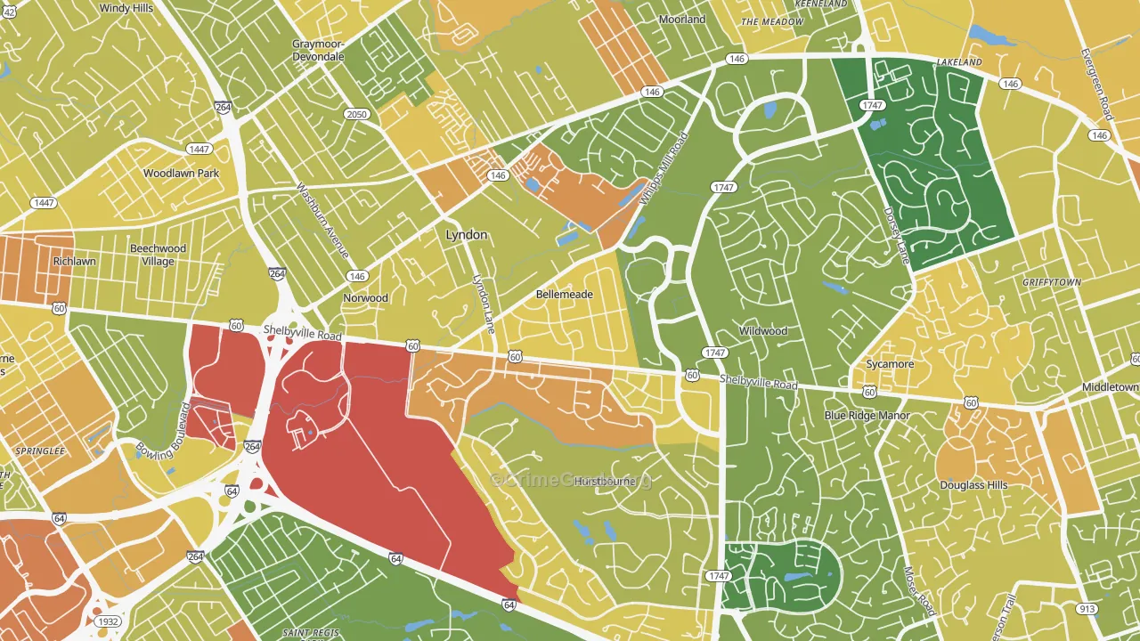 Bellemeade, KY Map of Robbery Rates