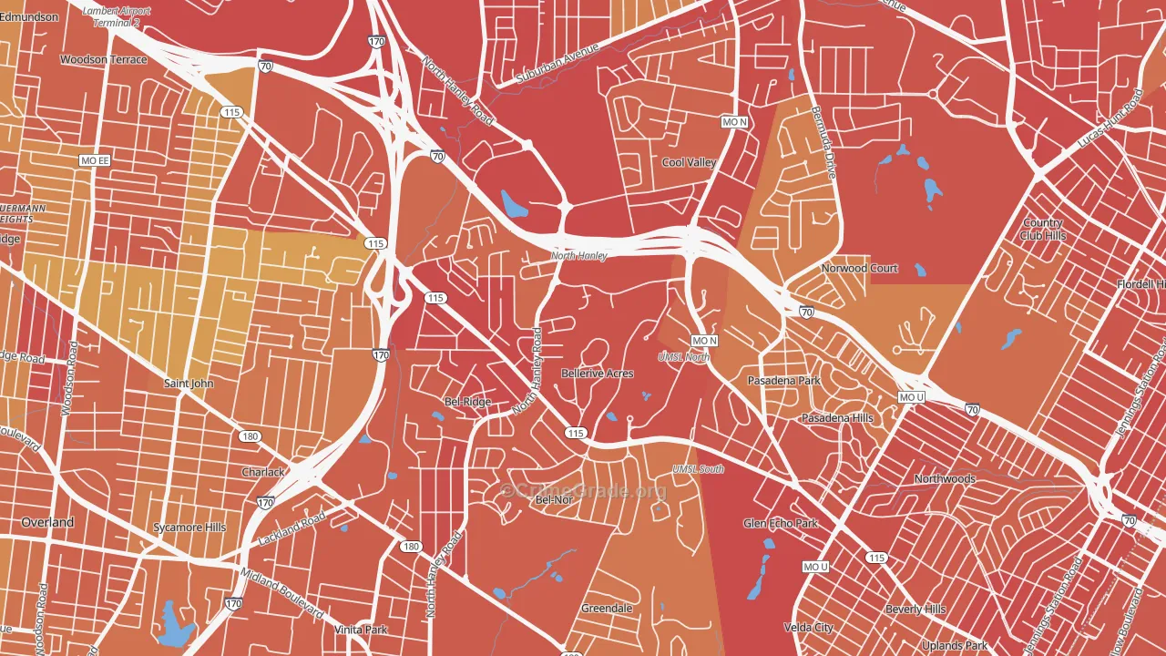 Bellerive, MO Map of Robbery Rates
