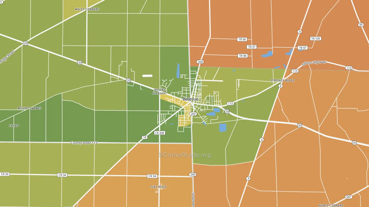 Bellevue, OH Map of Robbery Rates