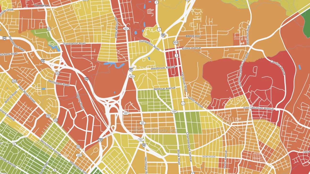 Bellevue, Richmond, VA Map of Robbery Rates