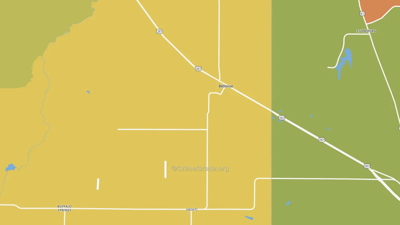 Bellevue, TX Map of Robbery Rates