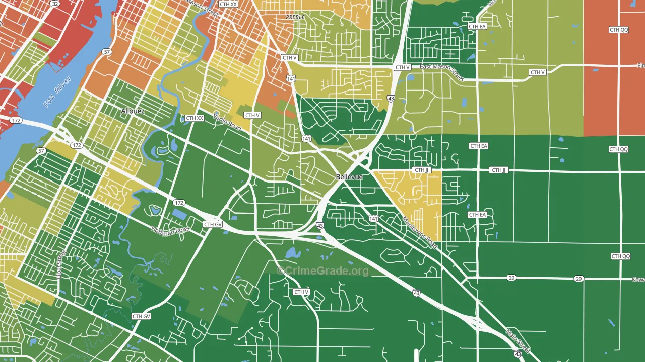 Bellevue, WI Map of Robbery Rates