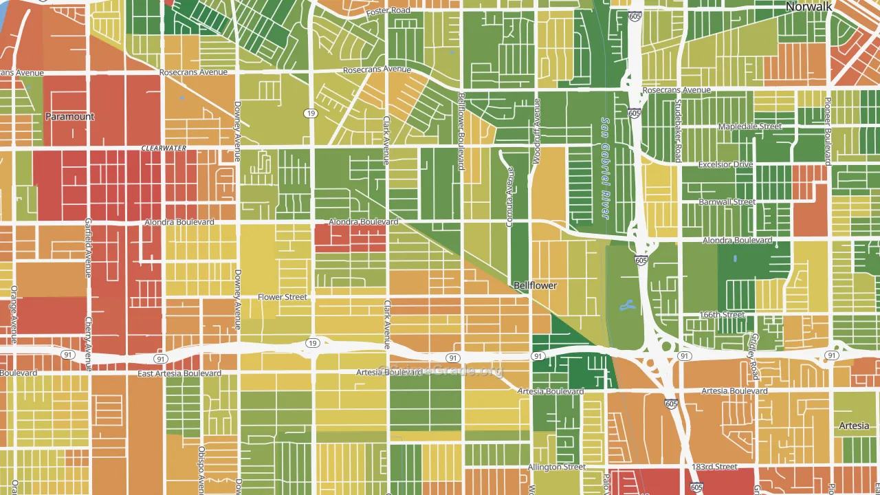 Bellflower, CA Map of Robbery Rates