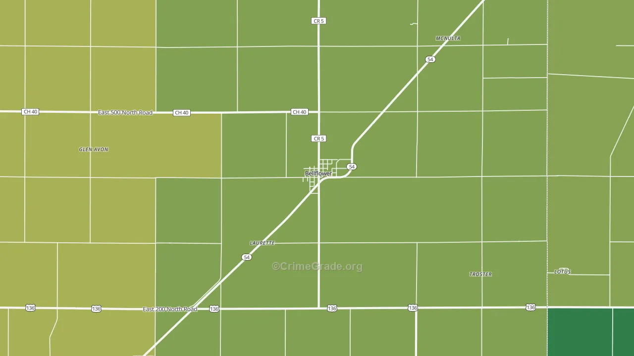 Bellflower, IL Map of Robbery Rates