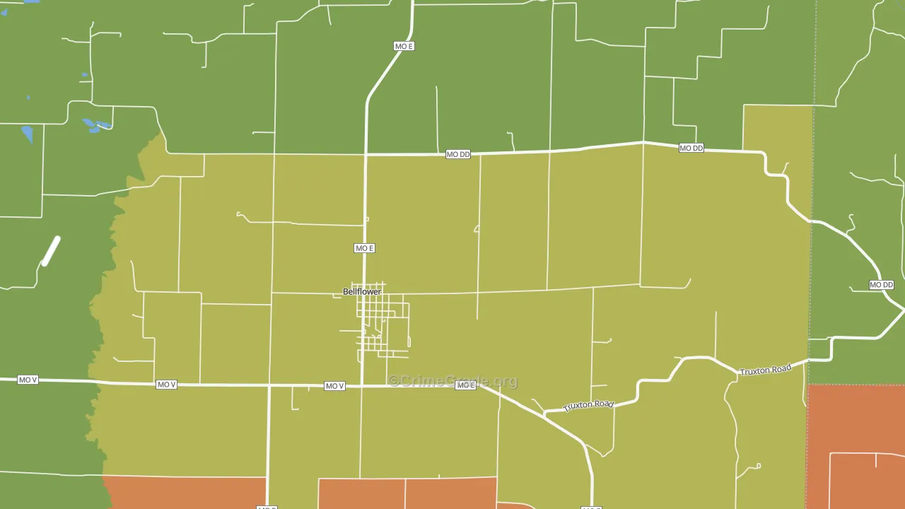 Bellflower, MO Map of Robbery Rates