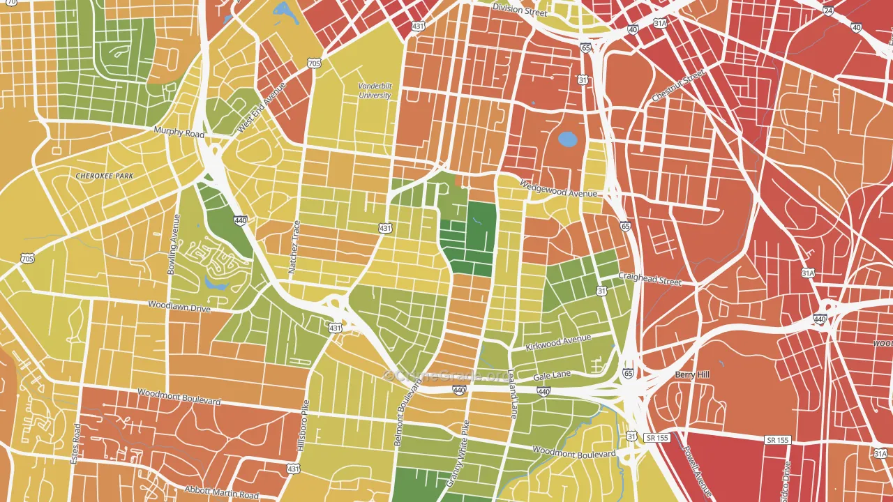 Bellmont Hillsboro, Nashville, TN Map of Robbery Rates