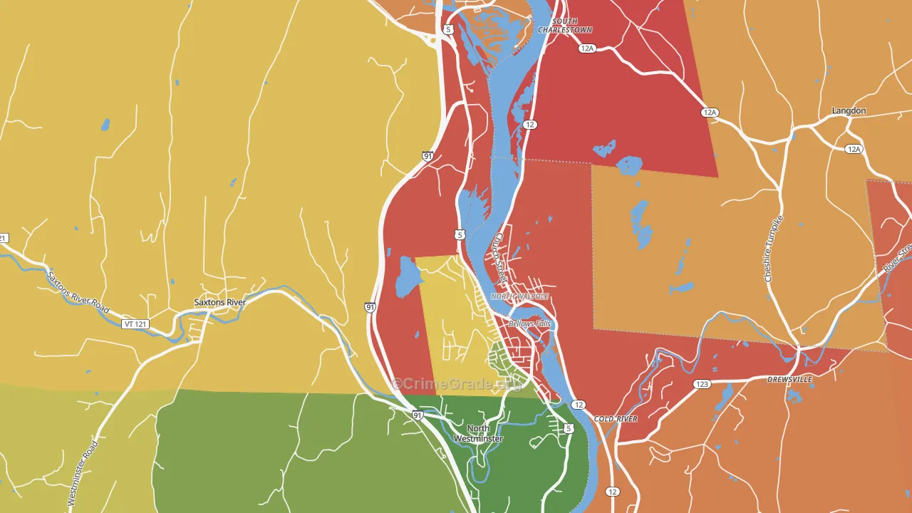 Bellows Falls, VT Map of Robbery Rates
