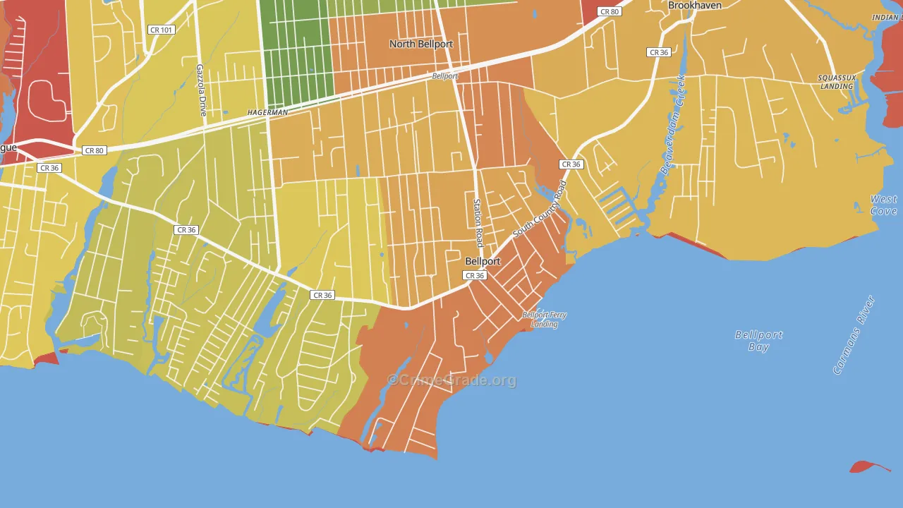 Bellport, NY Map of Robbery Rates