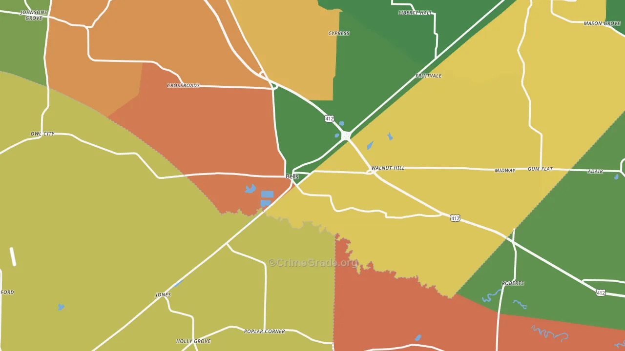 Bells, TN Map of Robbery Rates