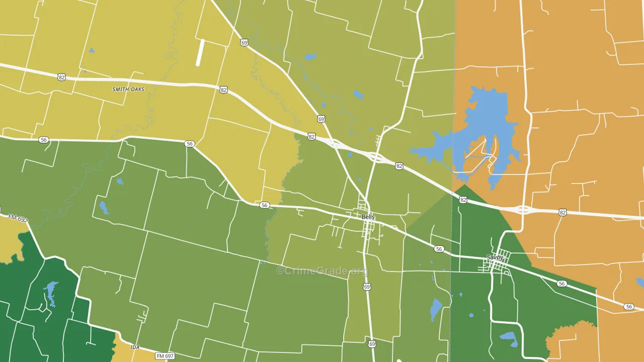 Bells, TX Map of Robbery Rates