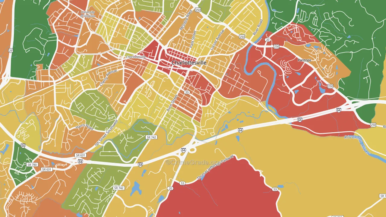 Belmont-Charlottesville, Charlottesville, VA Map of Robbery Rates