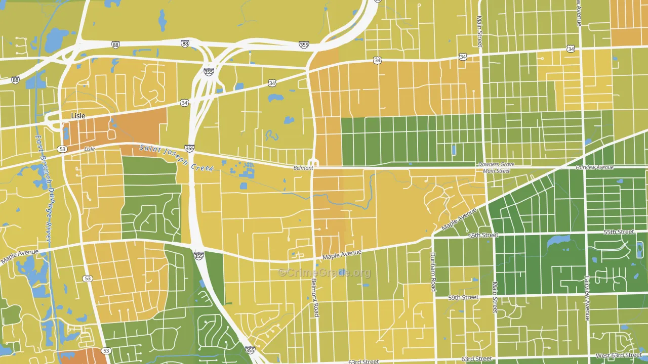 Belmont, Downers Grove, IL Map of Robbery Rates