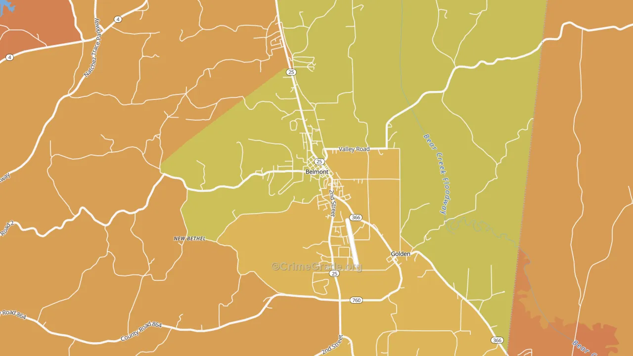 Belmont, MS Map of Robbery Rates