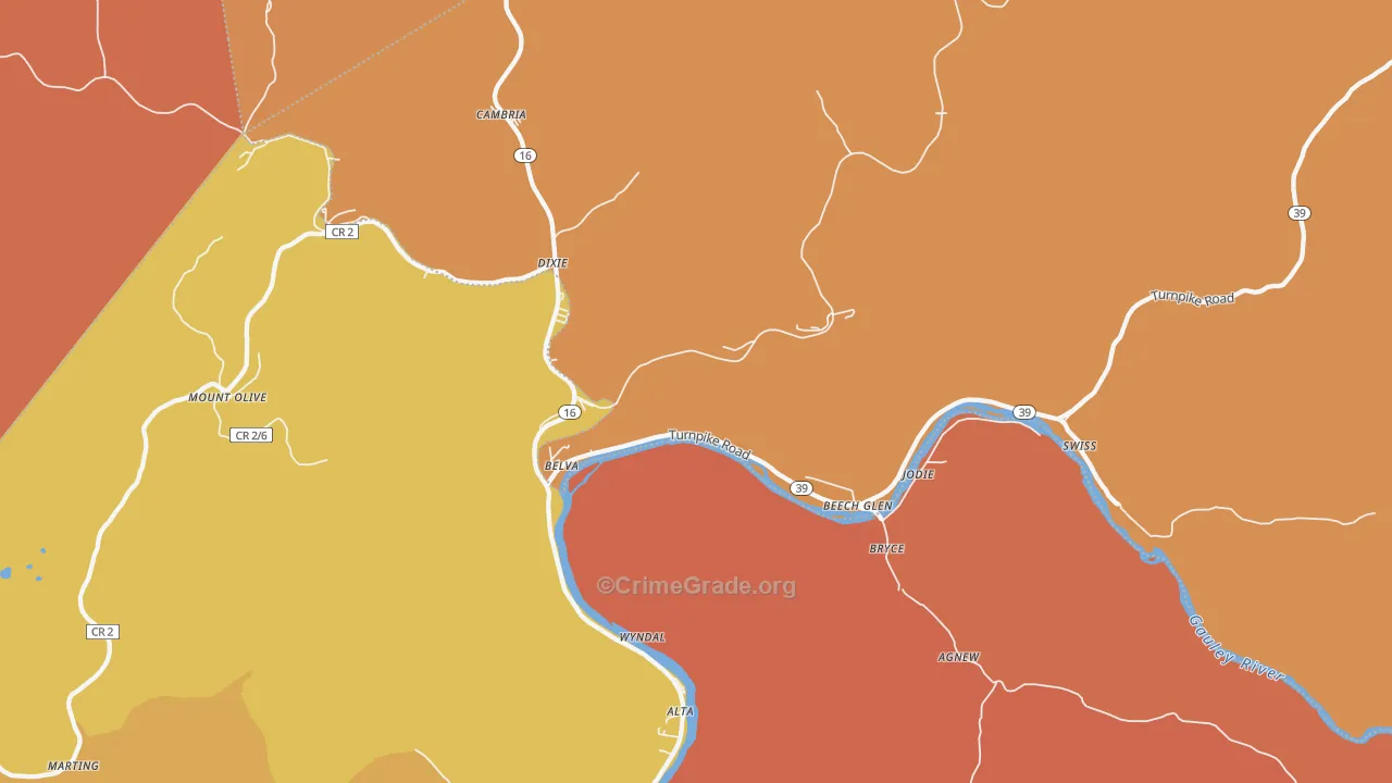 Belva, WV Map of Robbery Rates