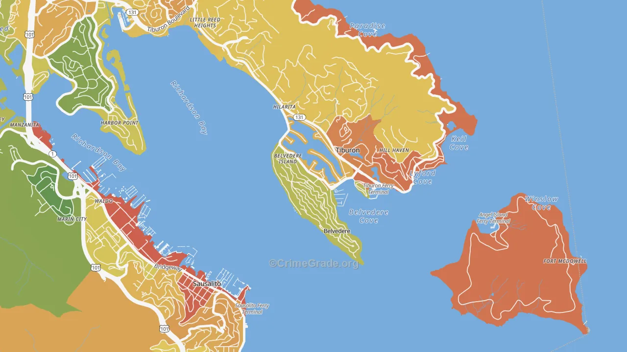 Belvedere, CA Map of Robbery Rates