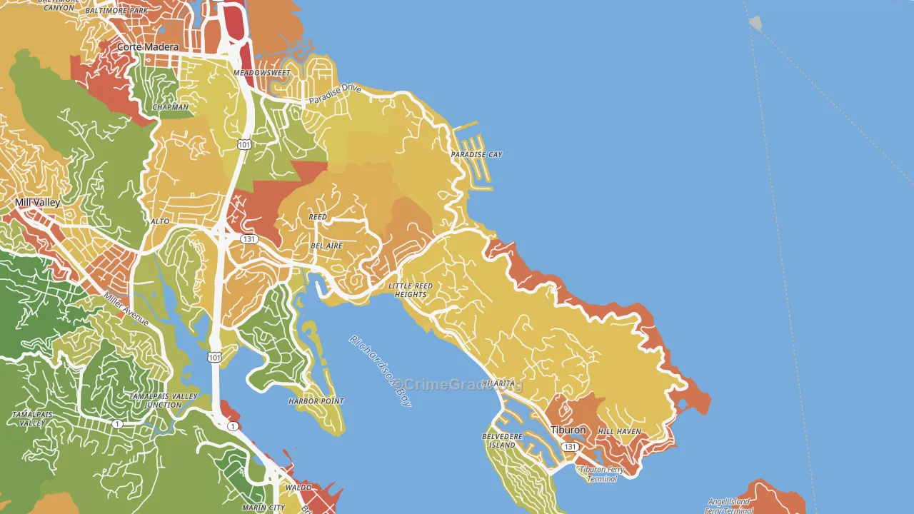 Belvedere-Tiburon, CA Map of Robbery Rates
