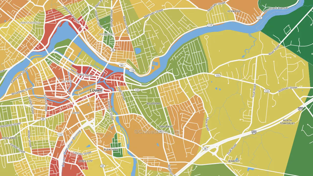 Belvidere, Lowell, MA Map of Robbery Rates