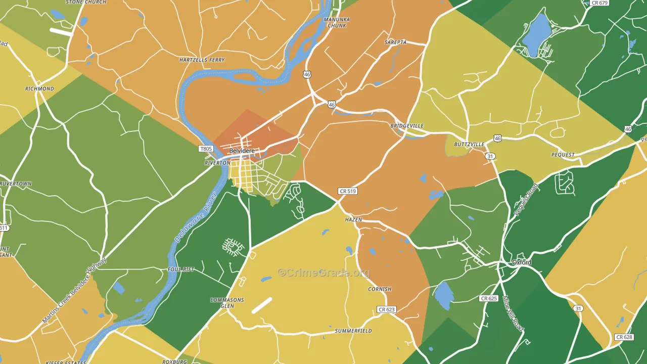 Belvidere, NJ Map of Robbery Rates
